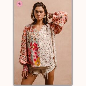 BiBi Colorful Flora Print Peasant Top Blouse